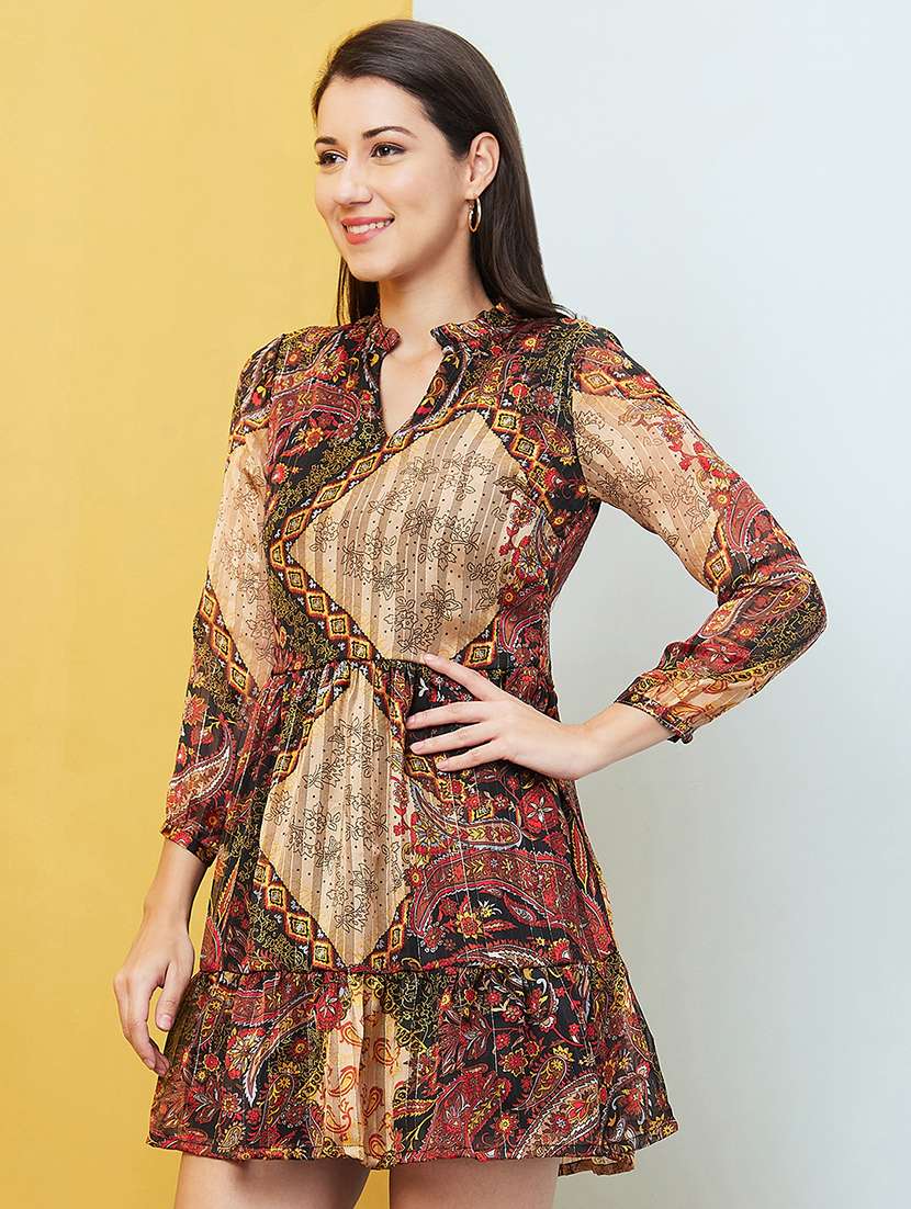 globus women multi black mandarin collar ethnic prints gathered fit & flare mini party dress - 20646109 -  Standard Image - 1