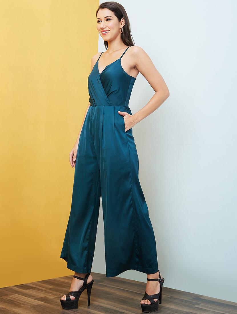 women teal green shoulder strap full leg jumpsuit - 20646110 - Standard Image - 1