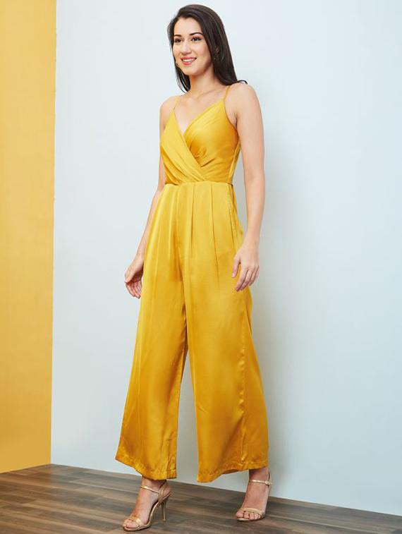 globus women yellow adjustable strappy shoulder wrap neck flared hem party jumpsuit - 20646111 - Standard Image - 1
