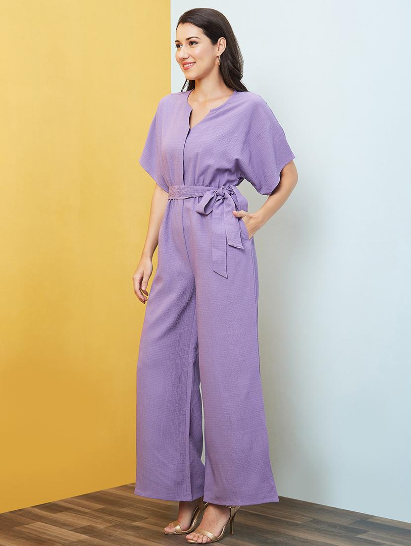 globus women lavender round neck with v cut & kimono sleeves waist tie-up longline jumpsuit - 20646112 - Standard Image - 1