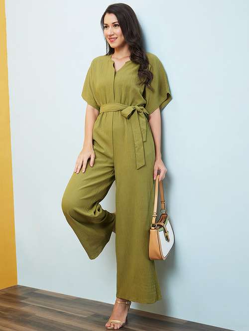 globus women green round neck with v cut kimono sleeves waist tie-up longline jumpsuit - 20646113 -  Standard Image - 0
