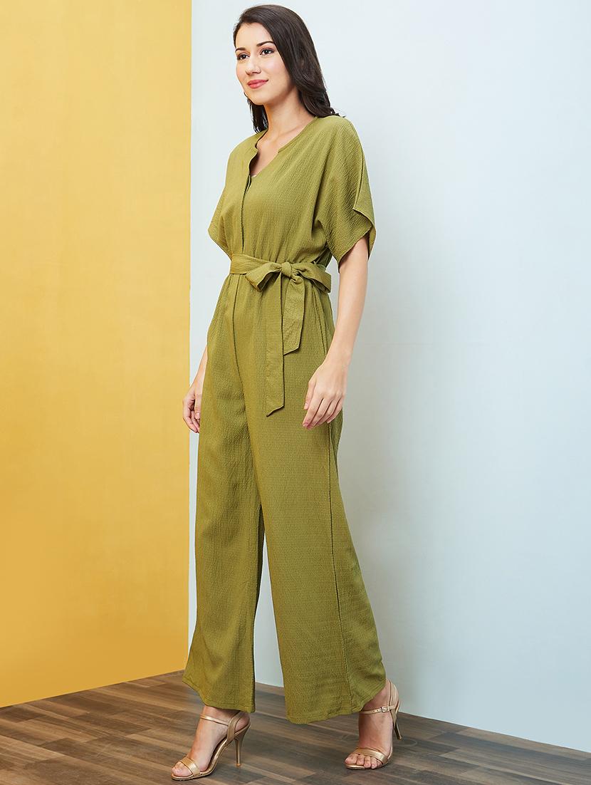 globus women green round neck with v cut kimono sleeves waist tie-up longline jumpsuit - 20646113 - Standard Image - 1