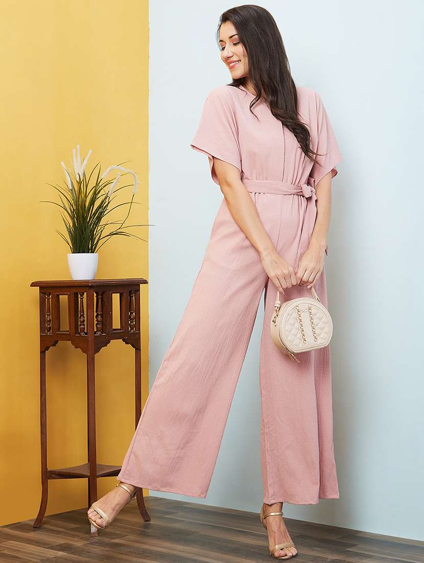 globus women pink round neck with v cut kimono sleeves waist tie-up longline jumpsuit