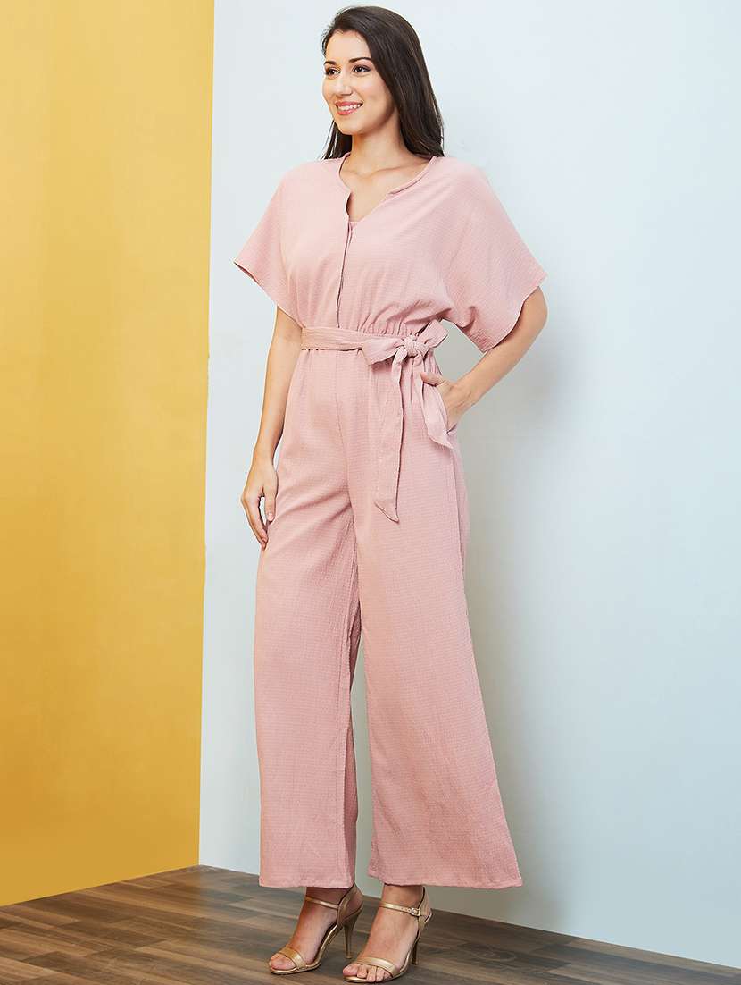 globus women pink round neck with v cut kimono sleeves waist tie-up longline jumpsuit - 20646114 -  Standard Image - 1