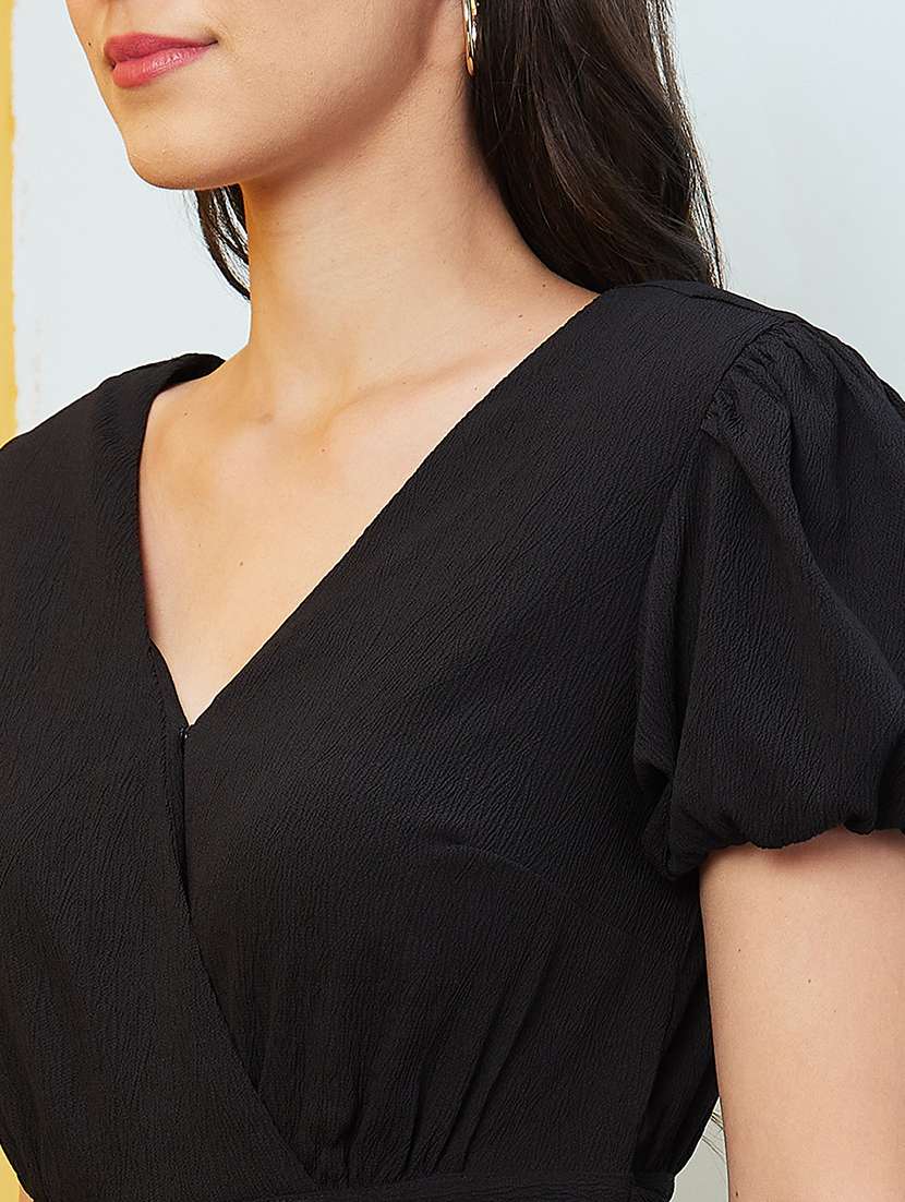 globus women black wrap neck puff sleeves gathered waist tie-up jumpsuit - 20646115 -  Standard Image - 4