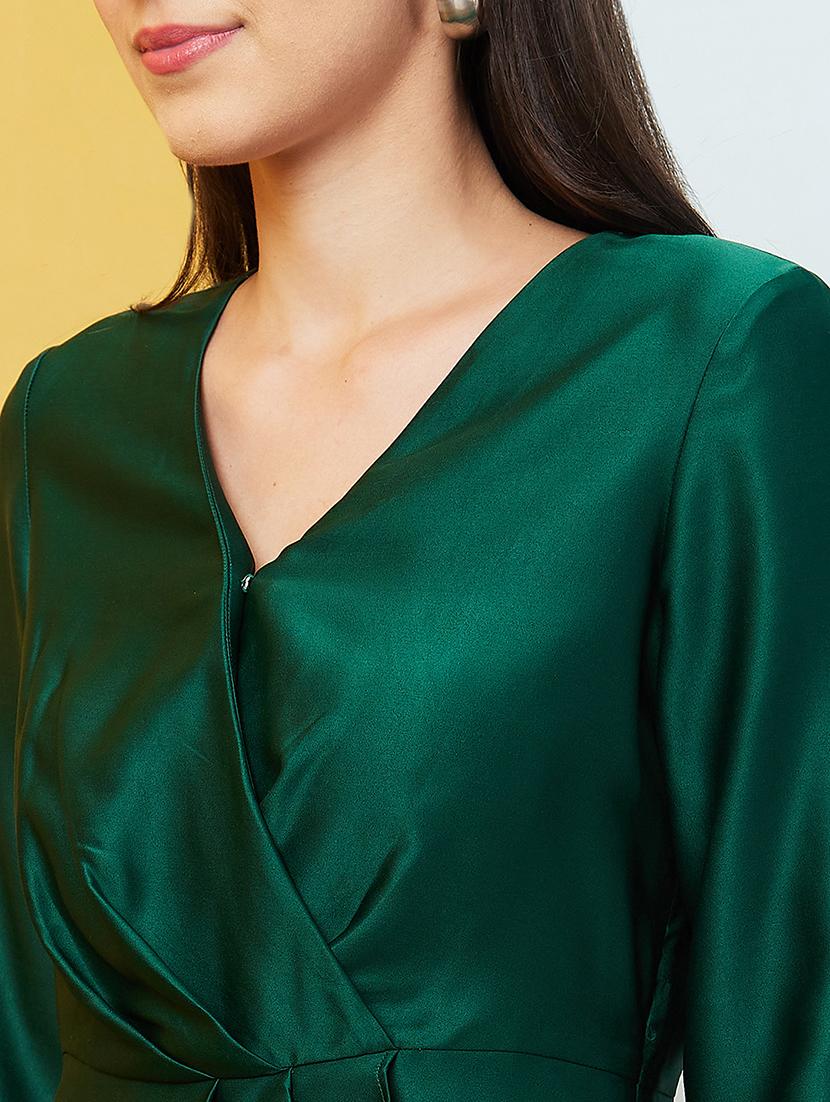 globus women green long cuffed sleeves v-neck wrap party top - 20646124 - Standard Image - 4