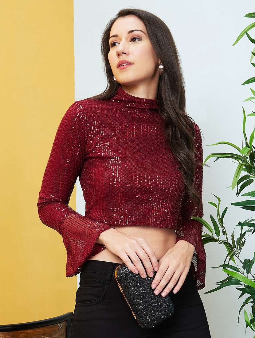 globus women maroon high neck bell sleeve sequinned party crop top