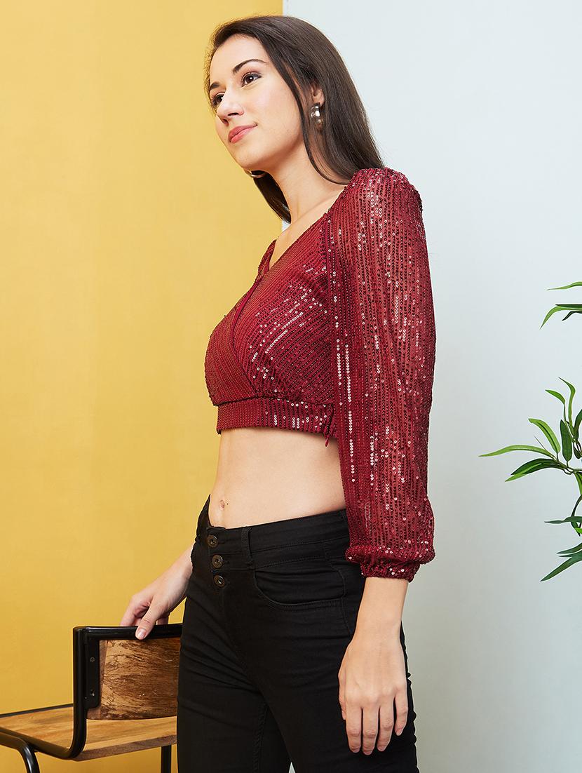 globus women maroon wrap neck raglan sleeves sequinned party crop top - 20646127 -  Standard Image - 1