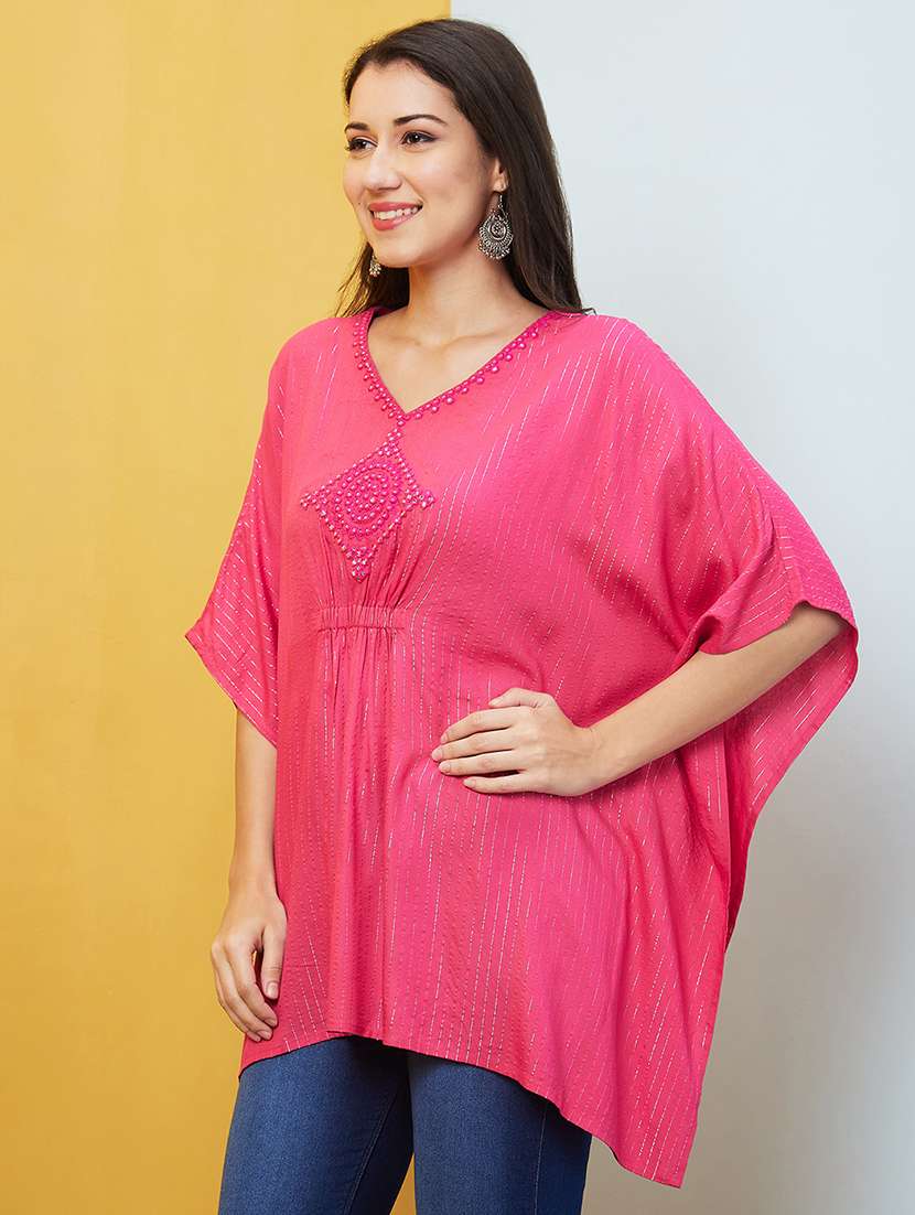 globus women pink embroidered & striped asymmetric hem kaftan tunic  - 20646128 -  Standard Image - 1