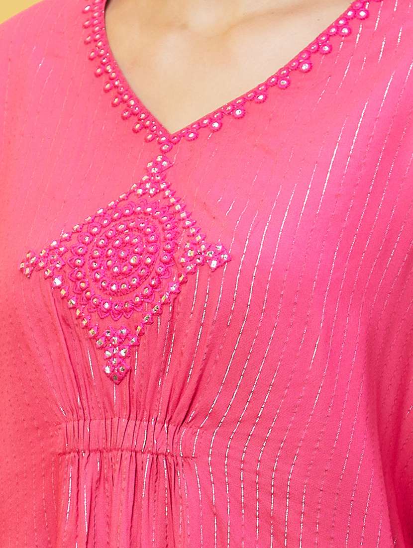 globus women pink embroidered & striped asymmetric hem kaftan tunic  - 20646128 -  Standard Image - 4