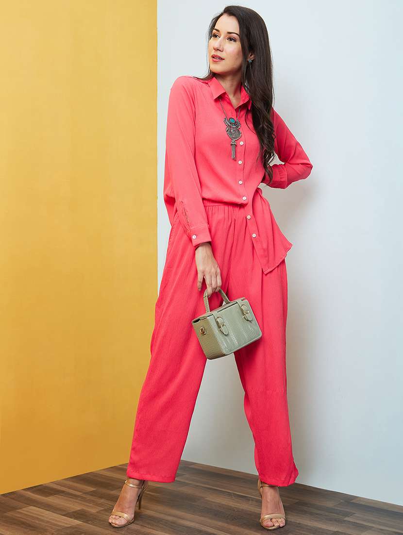 women pink solid shirt and trouser set