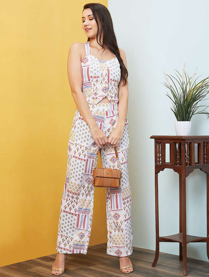 globus women multi white patch print style back crop top & wide leg palazzos co-ord set