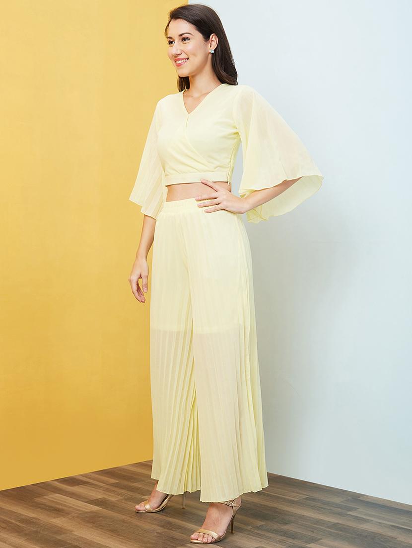 women light yellow solid top and palazzos set - 20646133 - Standard Image - 1