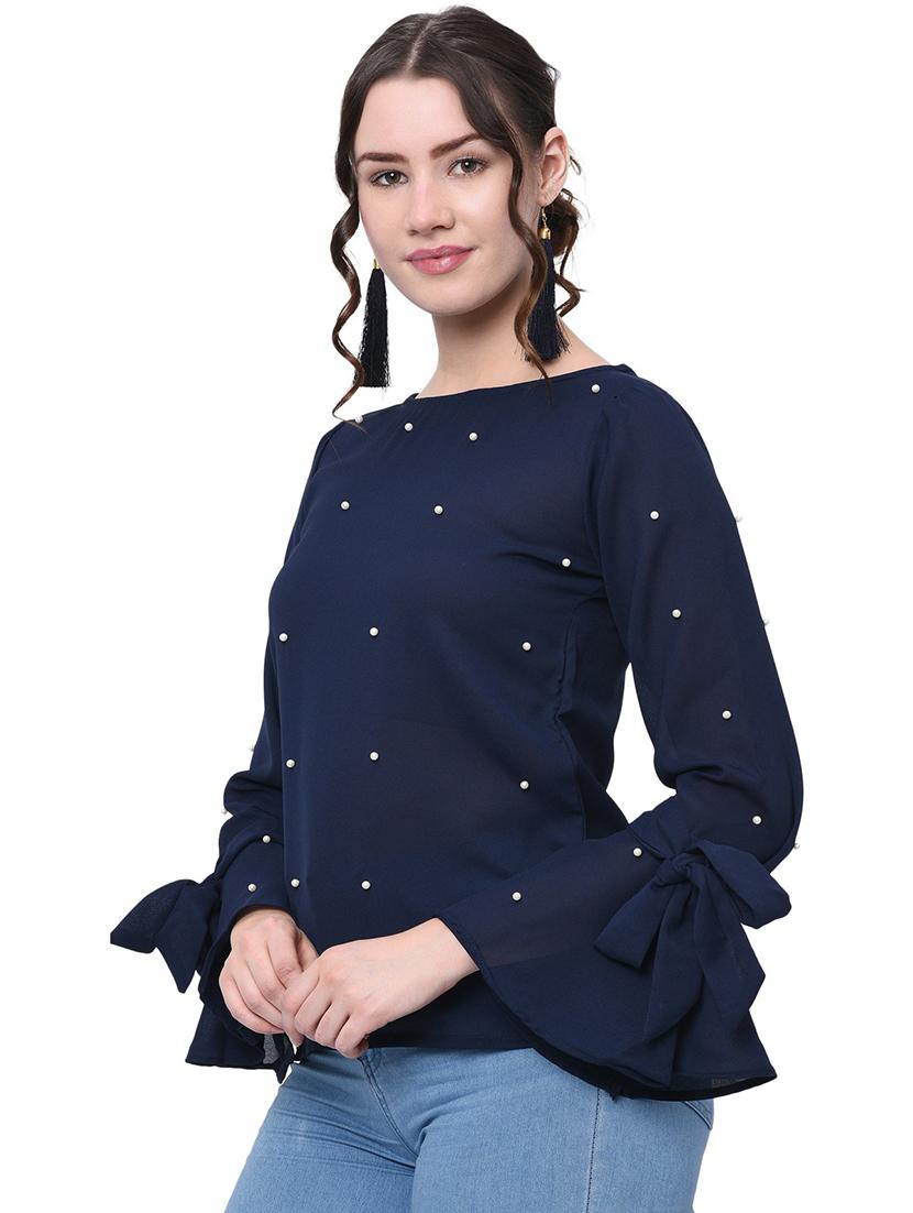 navy blue pearl embellished detailed regular top - 20646271 -  Standard Image - 1