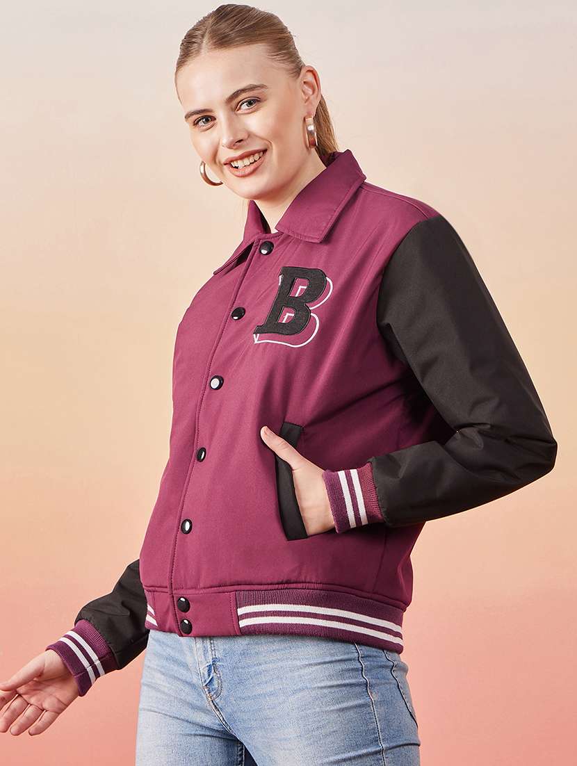 women magenta full sleeve varsity jacket  - 20646475 -  Standard Image - 1