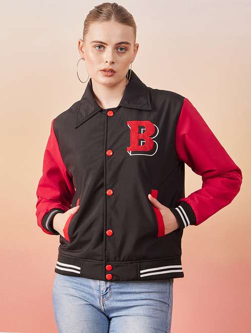 women black full sleeve varsity jacket  - 20646477 -  Standard Image - 0