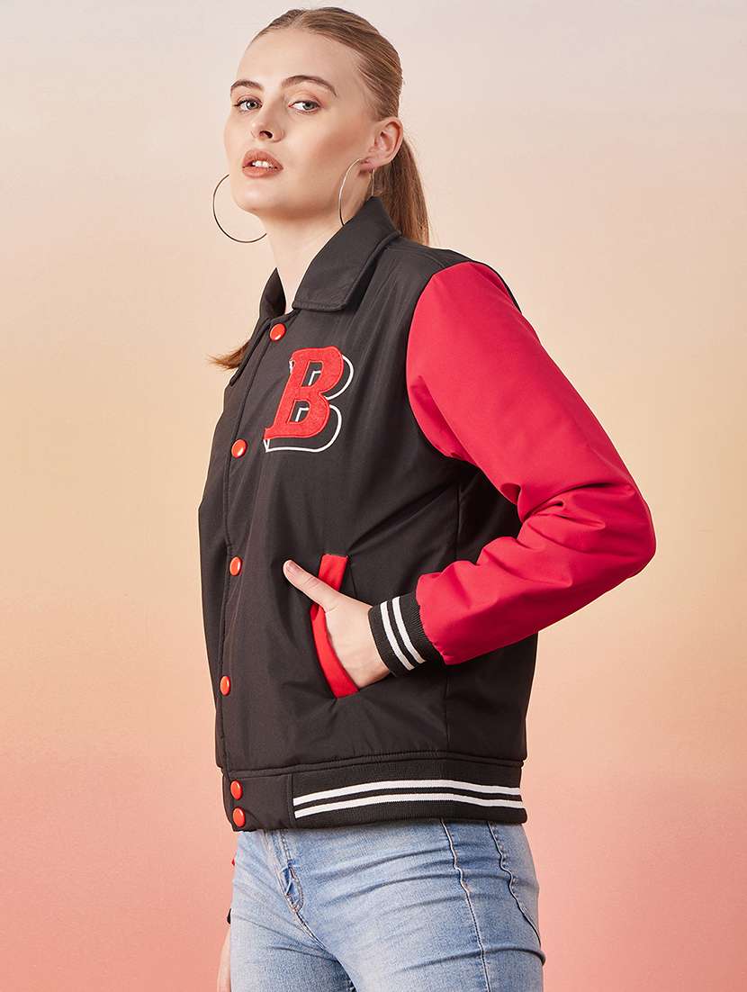 women black full sleeve varsity jacket  - 20646477 -  Standard Image - 1