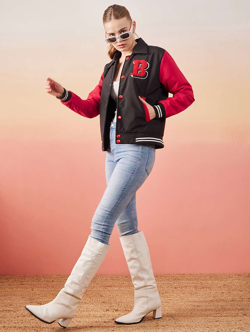 women black full sleeve varsity jacket  - 20646477 -  Standard Image - 4