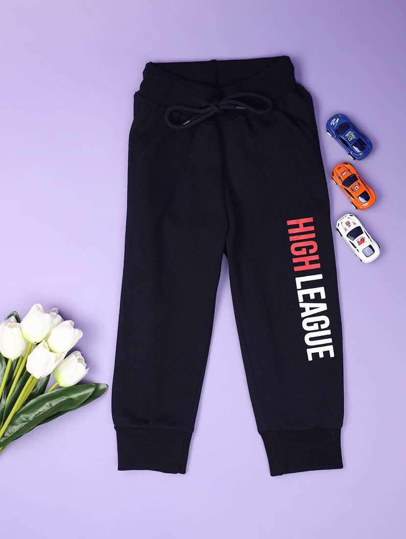 boys navy blue typographic casual trouser