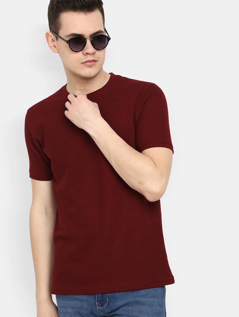 maroon self design round neck t-shirt - 20672380 - Standard Image - 1