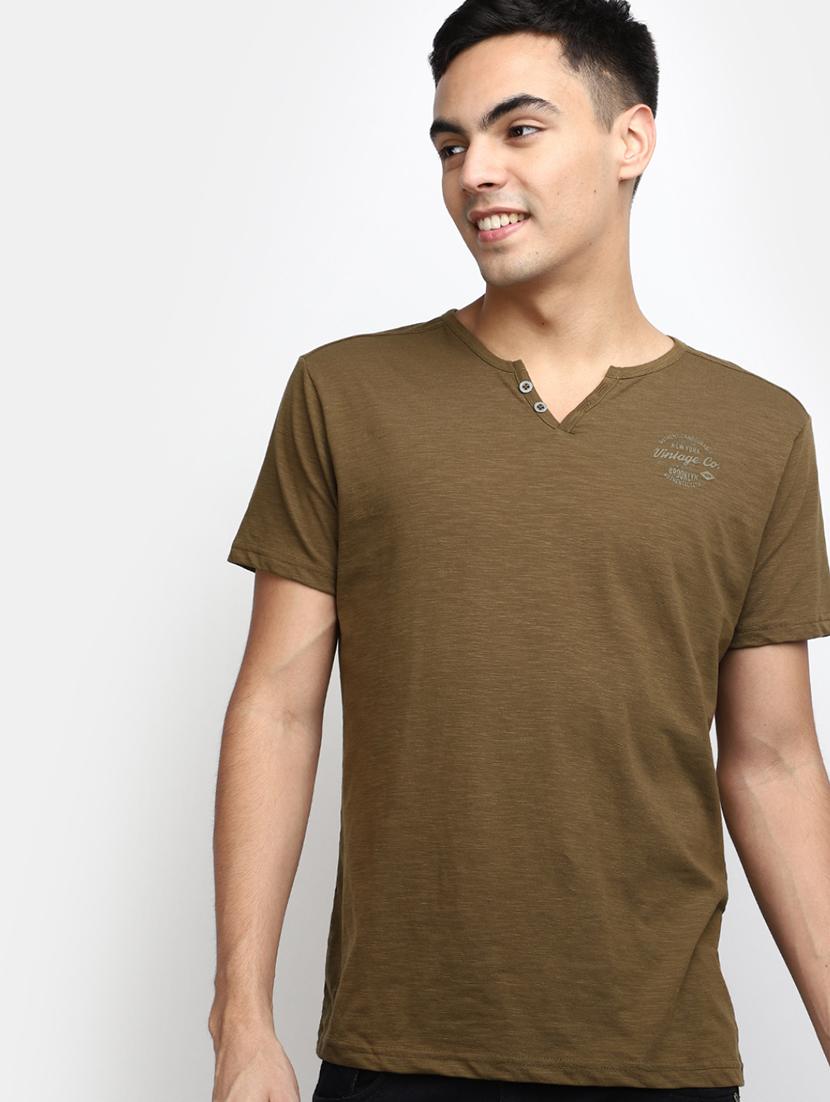 solid olive green detailed casual t-shirt - 20672542 - Standard Image - 1