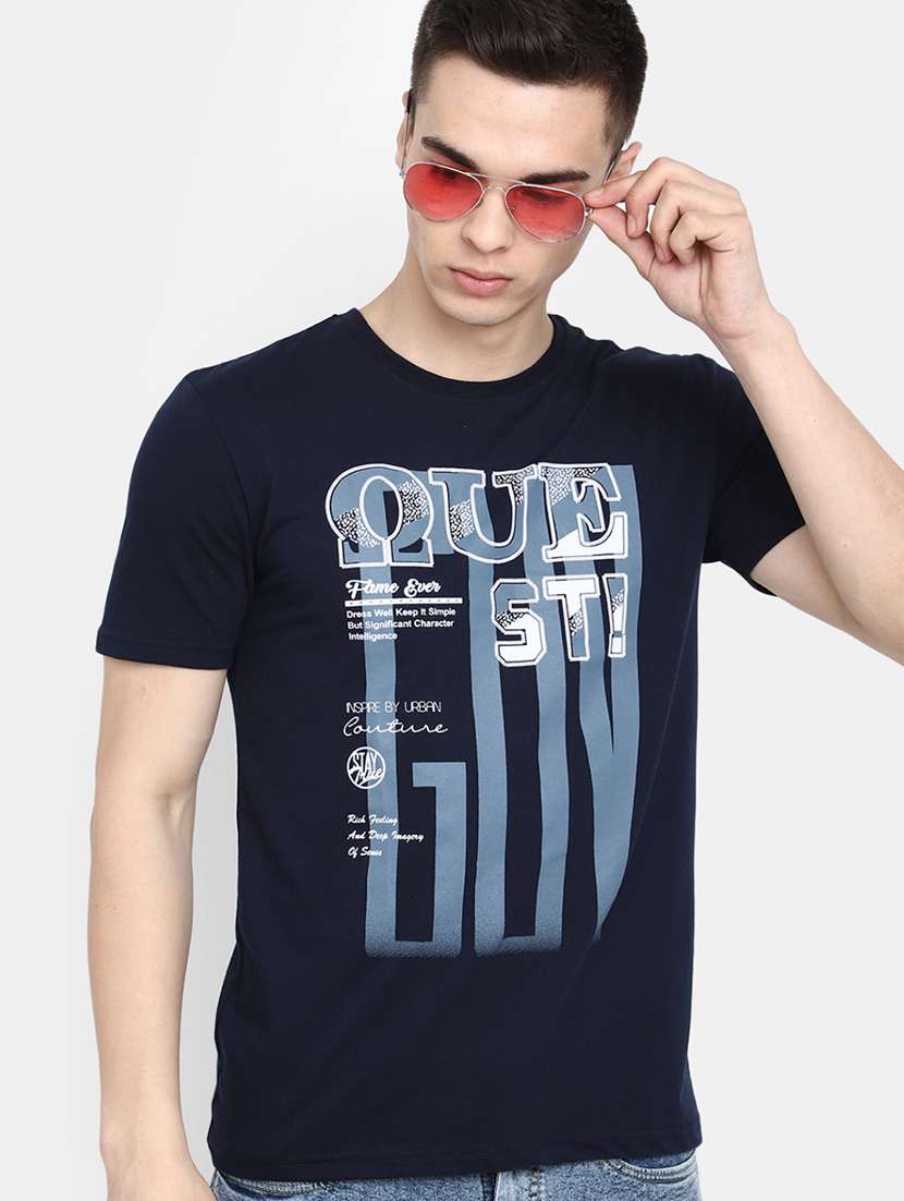 navy blue front printed casual t-shirt - 20672544 -  Standard Image - 1