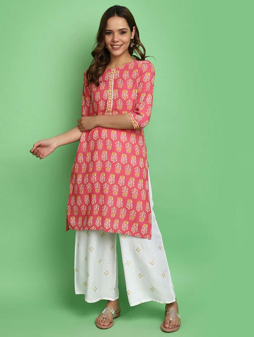 women pink round neck straight kurta