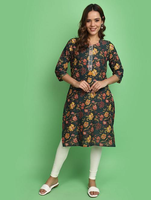 women bottle green round neck straight kurta - 20676503 -  Standard Image - 0
