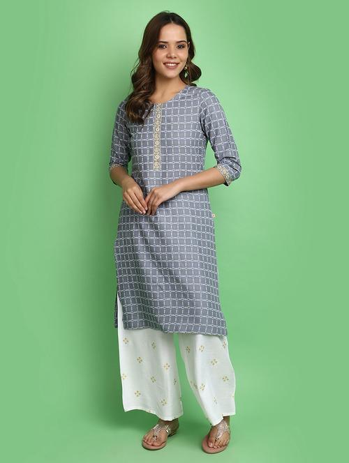 women grey round neck straight kurta - 20676510 -  Standard Image - 0