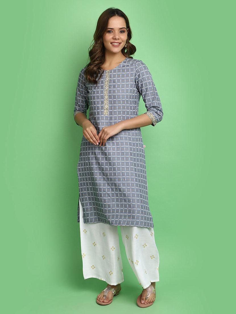 women grey round neck straight kurta - 20676510 -  Zoom Image - 0