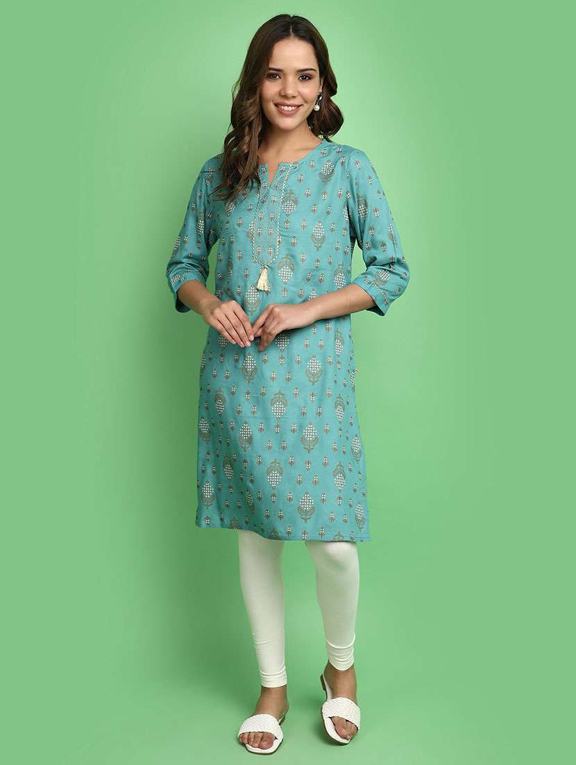 women turquoise notch neck straight kurta