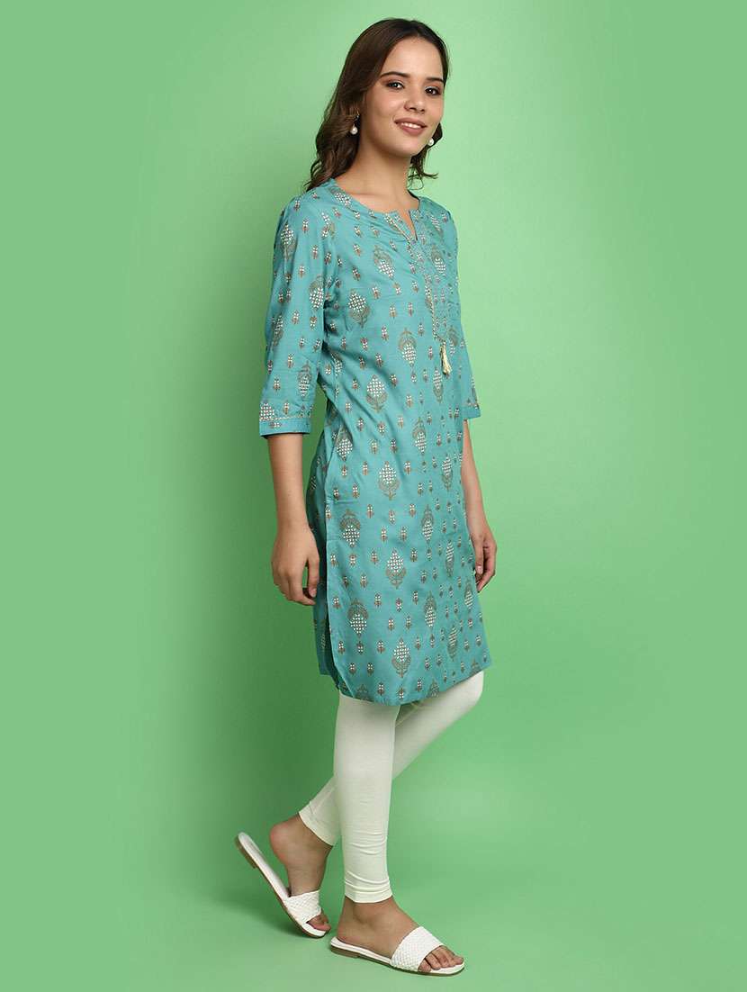 women turquoise notch neck straight kurta - 20676511 -  Standard Image - 1