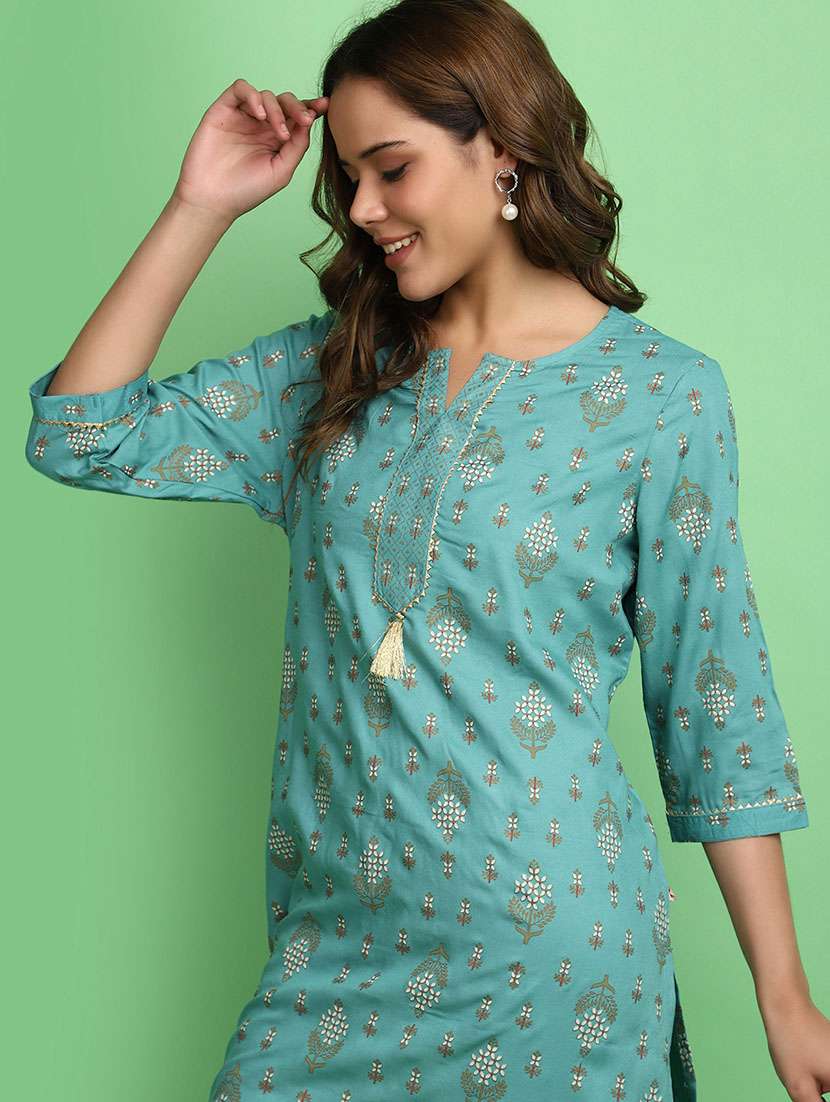 women turquoise notch neck straight kurta - 20676511 -  Standard Image - 4