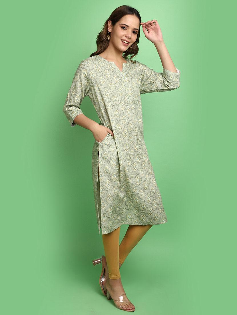 women green notch neck straight kurta - 20676542 -  Standard Image - 1