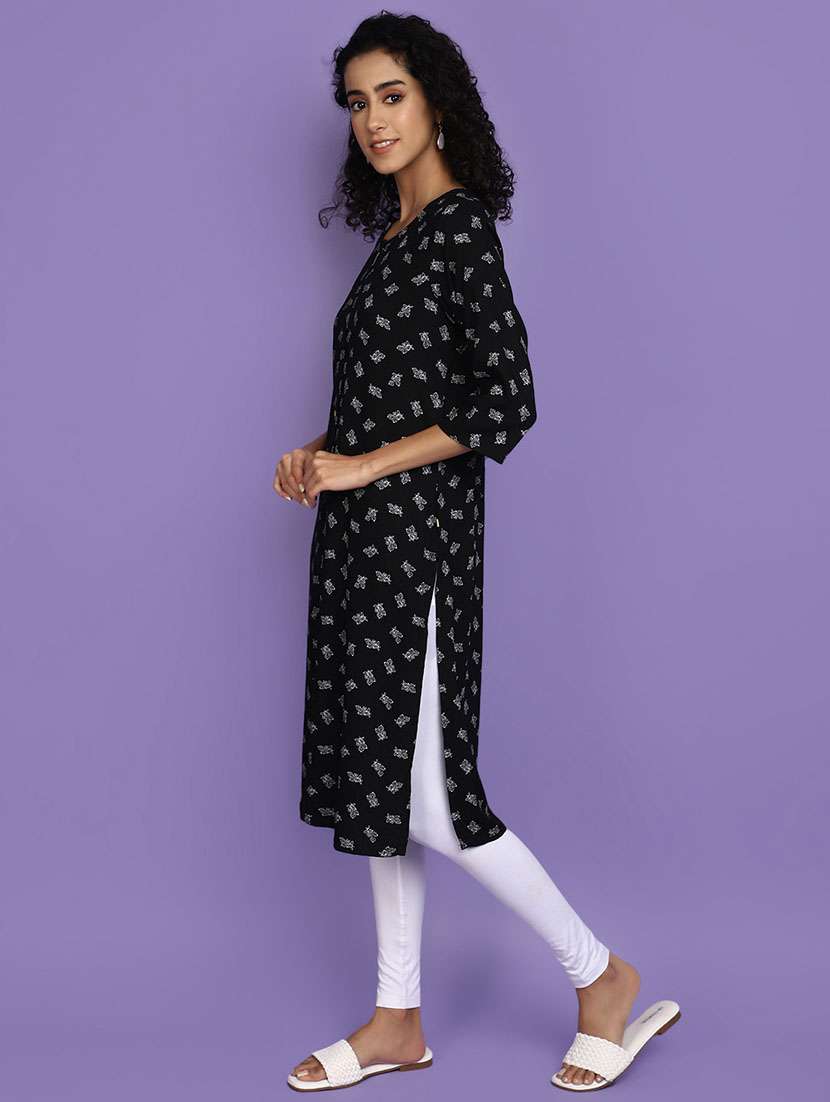 women black round neck straight kurta - 20676543 -  Standard Image - 1