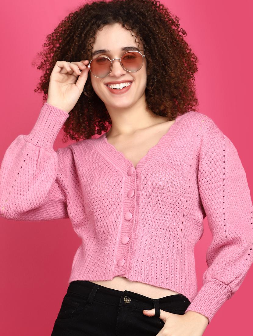 women pink self design cardigans - 20676777 - Standard Image - 1