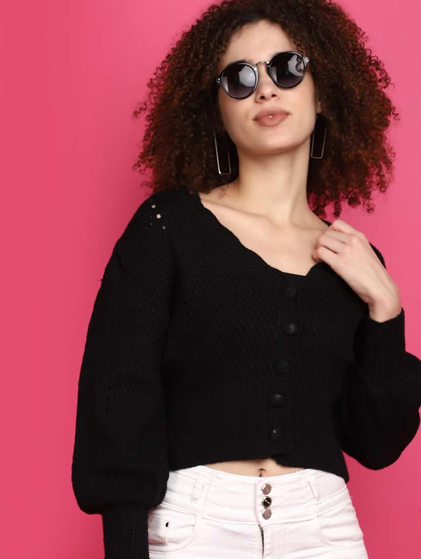 women black self design cardigans - 20676778 -  Standard Image - 1