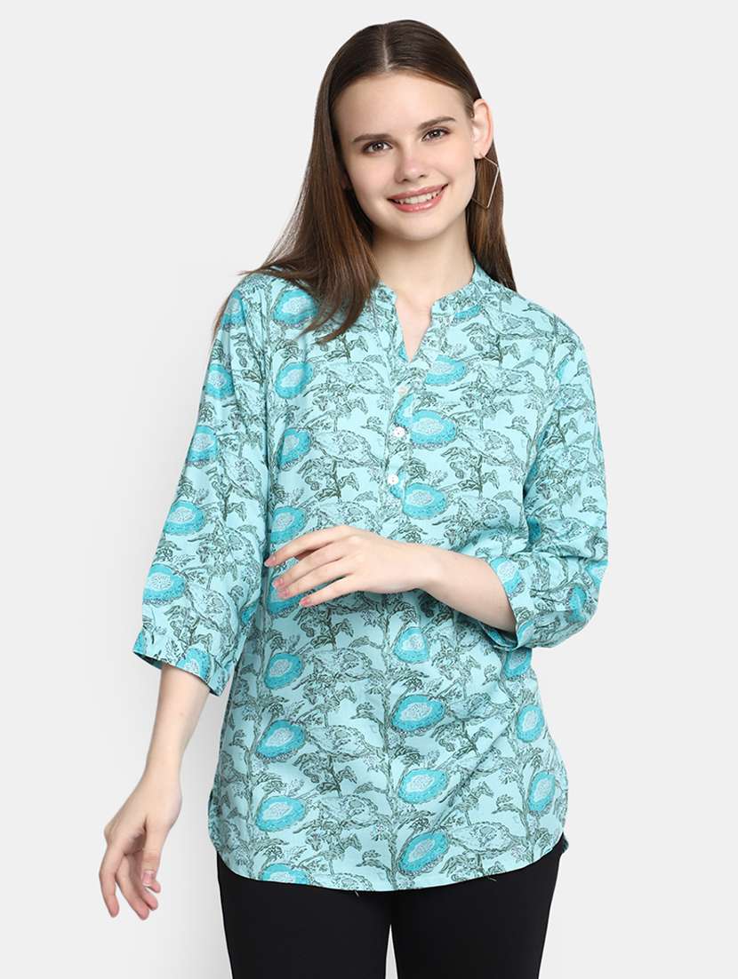 women floral mandarin neck high-low tunic