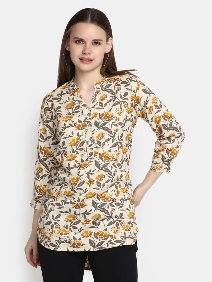 women floral mandarin neck high-low tunic