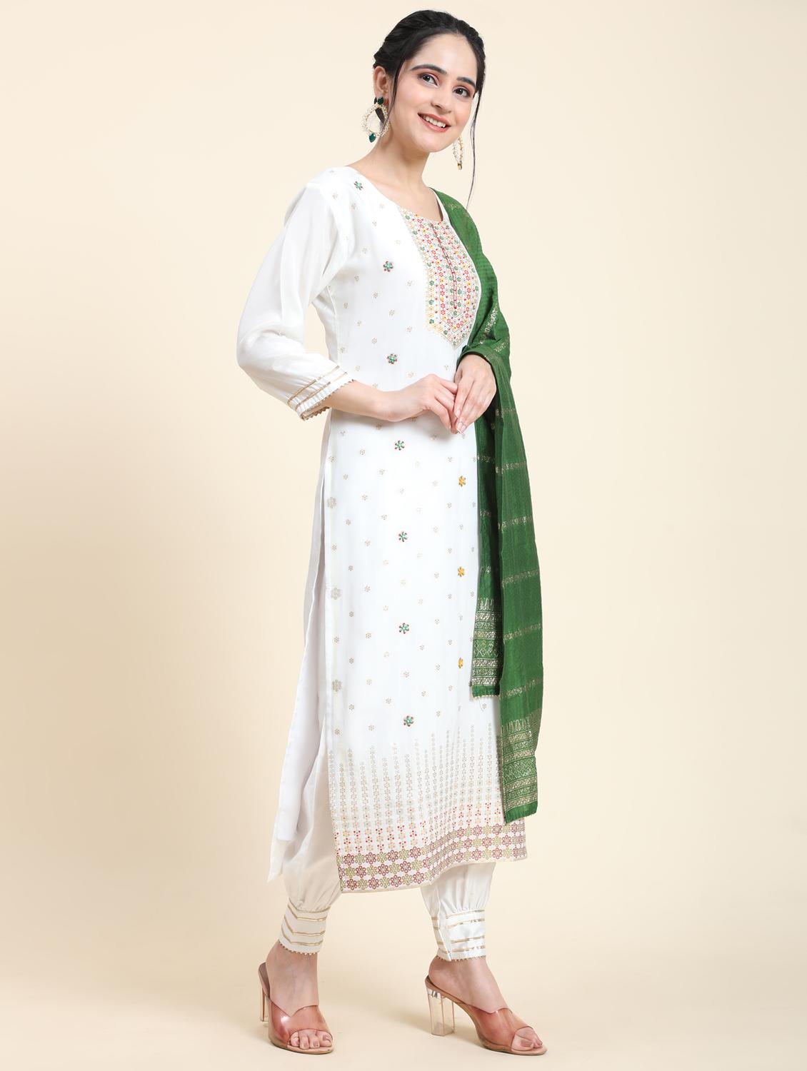 white three quarter sleeve kurta salwar set - 20683035 - Standard Image - 1