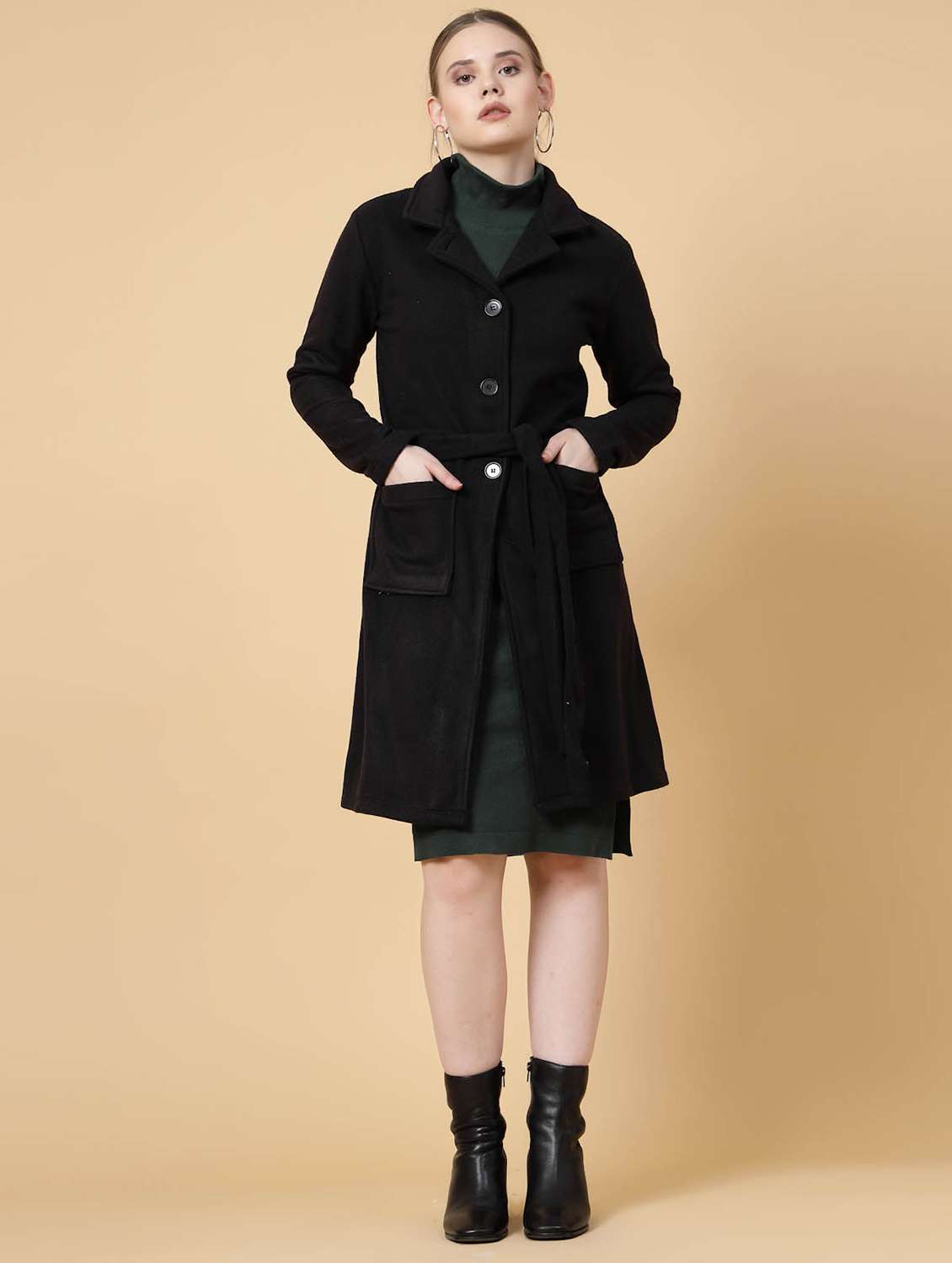 women solid lapel collar trench coat
