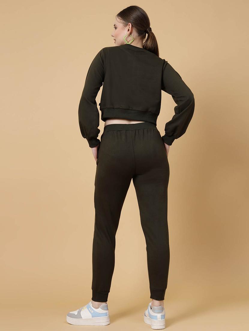 women olive solid full length trouser & t-shirt co-ord set - 20683139 -  Standard Image - 1
