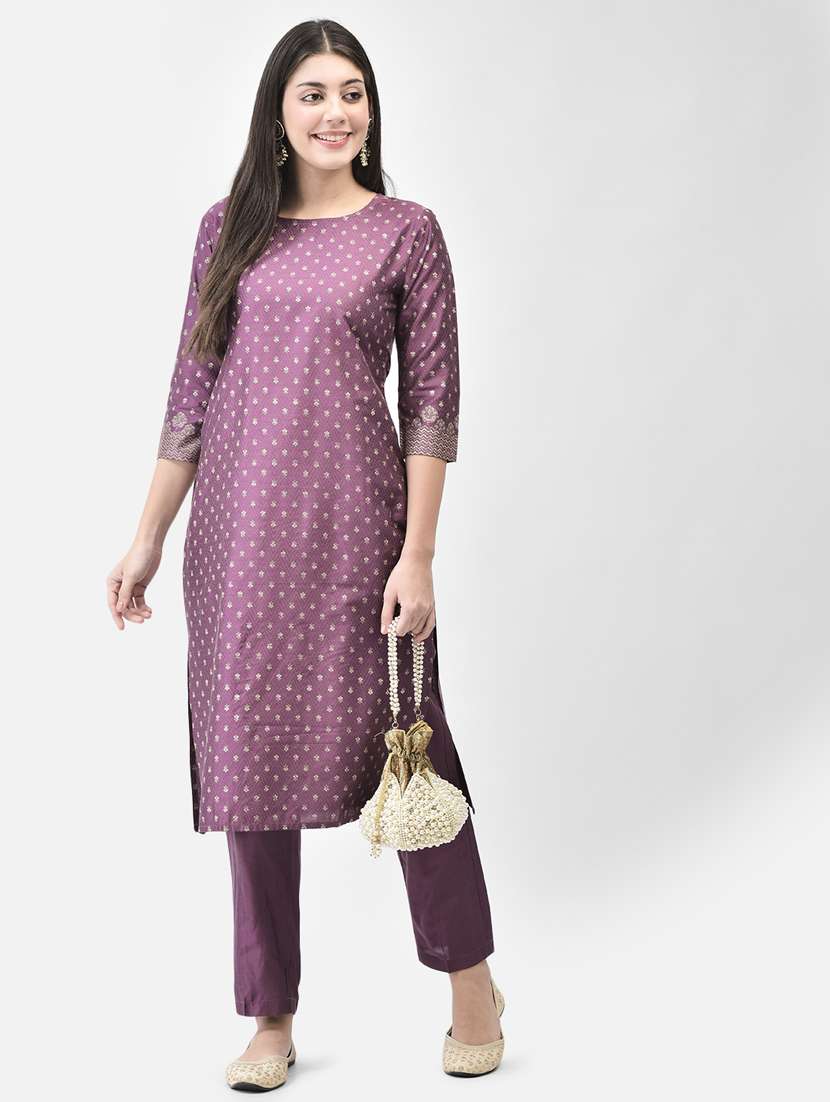 women purple round neck straight kurta - 20683349 -  Standard Image - 1