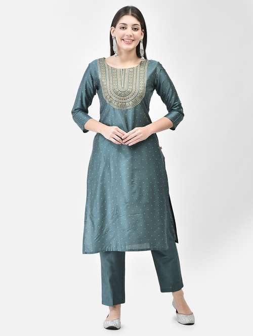 women teal round neck straight kurta - 20683351 -  Standard Image - 0