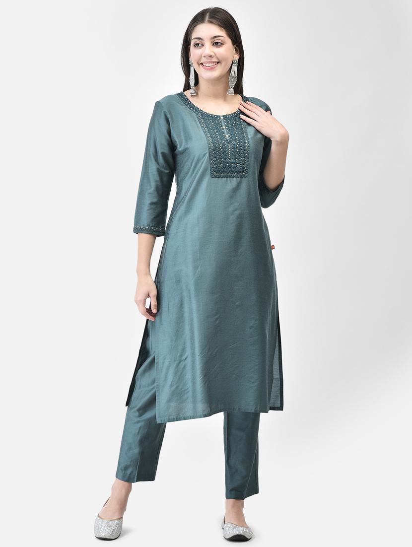 teal three quarter sleeve straight kurta - 20683352 - Zoom Image - 0