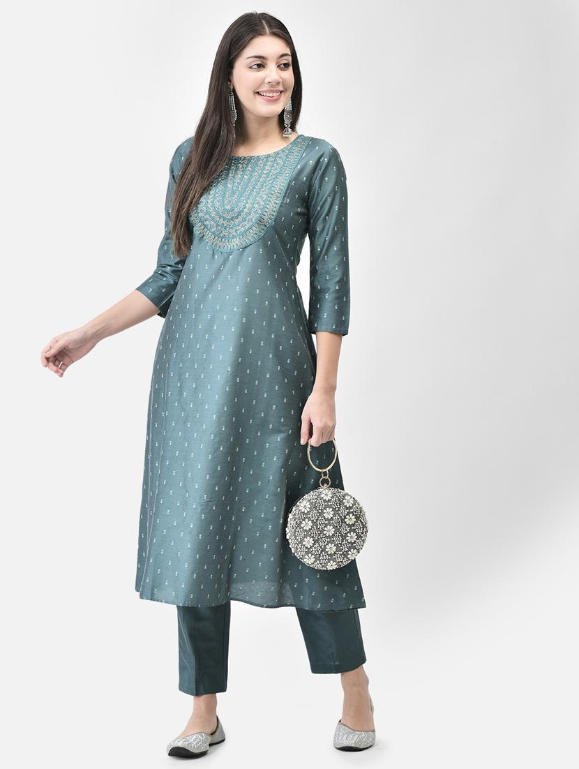 teal three quarter sleeve a-line kurta - 20683353 -  Standard Image - 1
