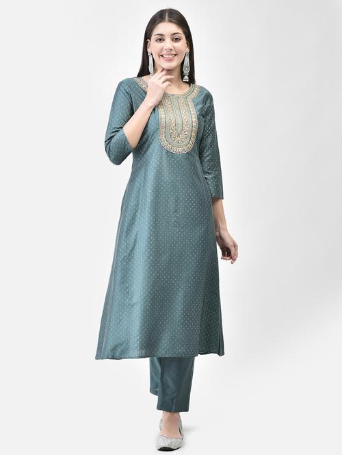 women teal round neck a-line kurta - 20683354 -  Standard Image - 0