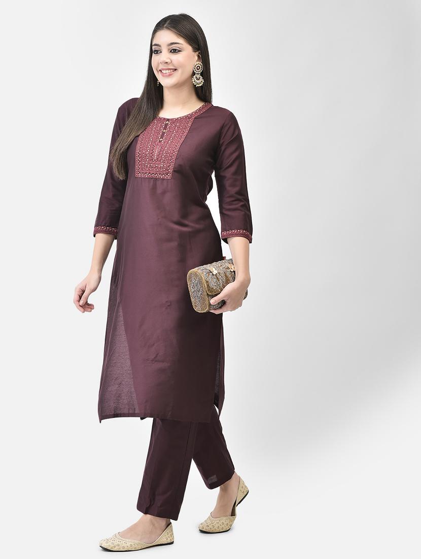 purple three quarter sleeve straight kurta - 20683364 -  Standard Image - 1