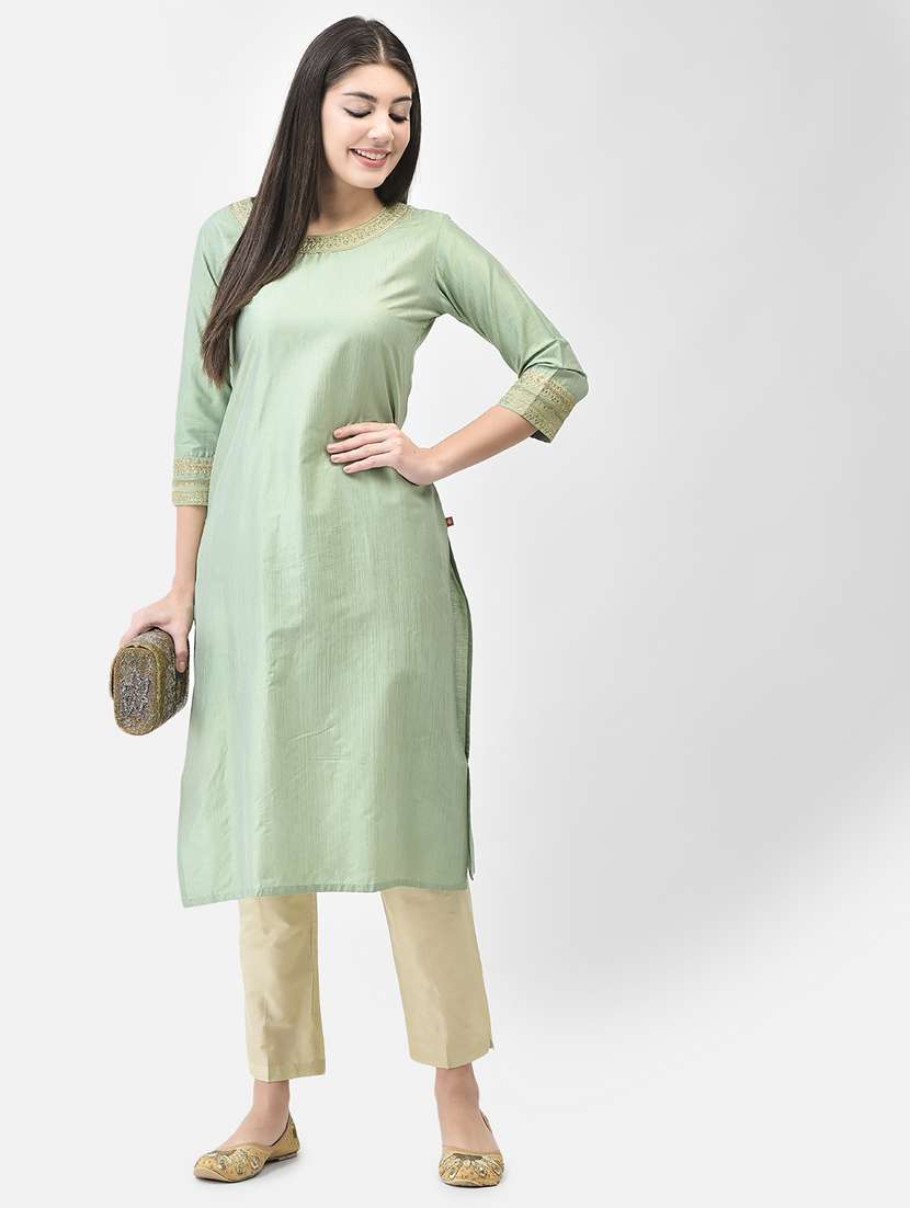 women green round neck straight kurta - 20683370 -  Standard Image - 1