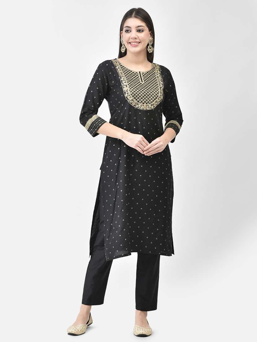 women black round neck straight kurta